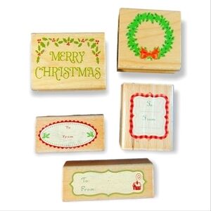 Lot of 5 wooden block rubber stamps for  Christmas gift wrap crafting
